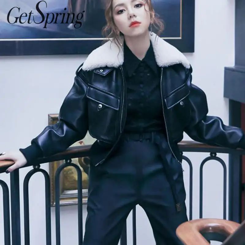 Getвесеннее Женское пальто женские Куртки из искусственной кожи Куртки мотоциклиста черная короткая зимняя кожаная куртка для женщин Новая модная куртка