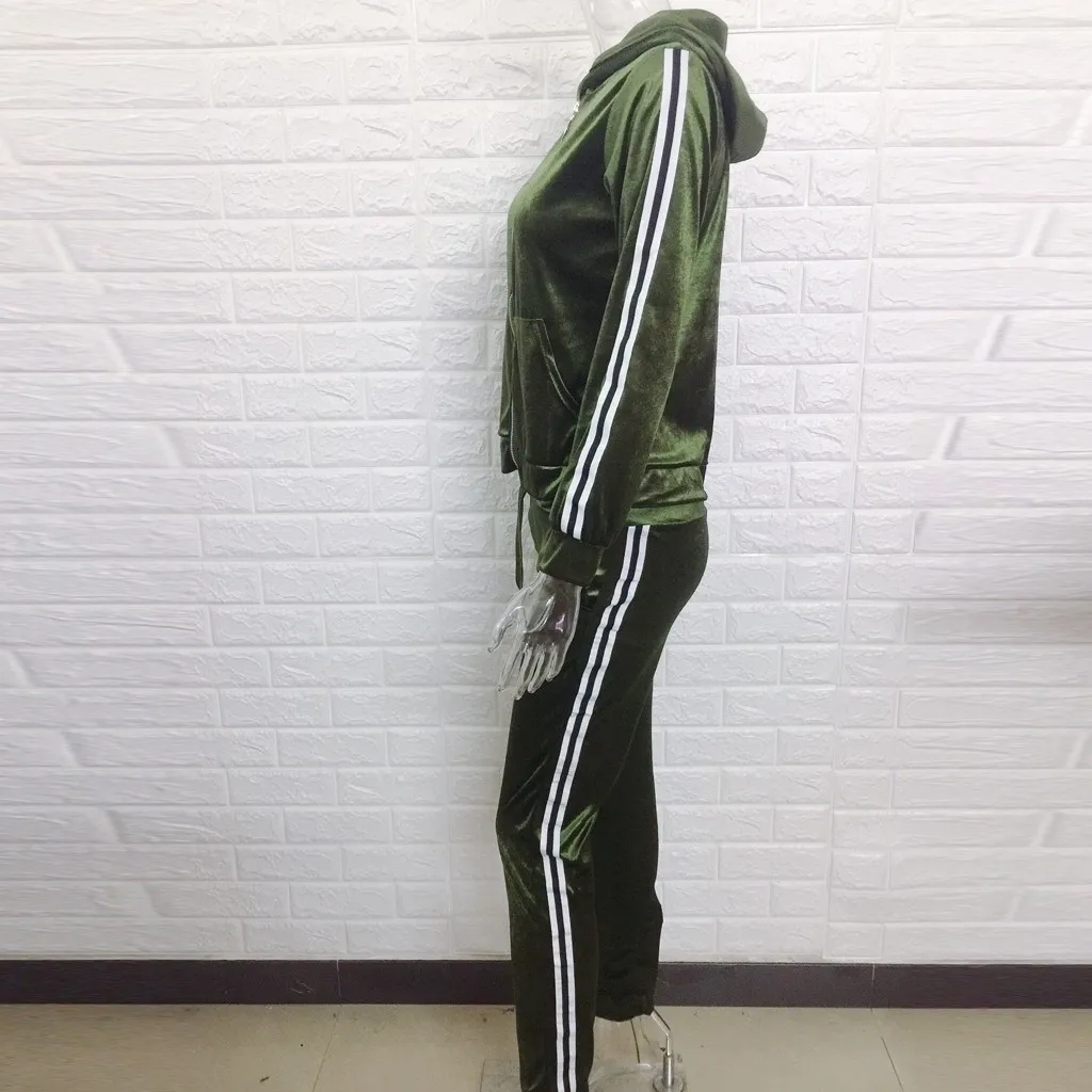 

Women Casual Striped Zipper Sweater Trousers Set Long Sleeve Crop Tops + Pants two piece set women set Hot sell