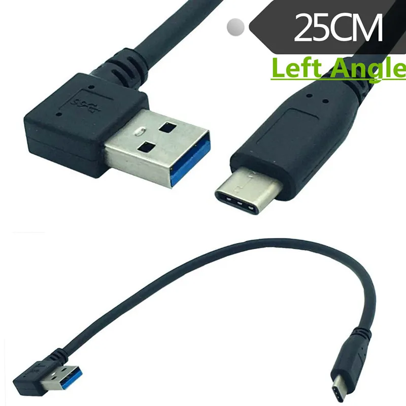 

90 degree Left Right Angle USB 3.0 Male to USB3.1 Type-C Male USB Data Sync Charge Cable Connector(Black) 0.25m 25cm
