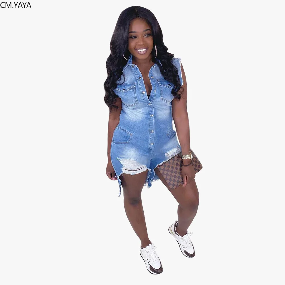 Женский джинсовый комбинезон на пуговицах винтажный без рукавов с бахромой и