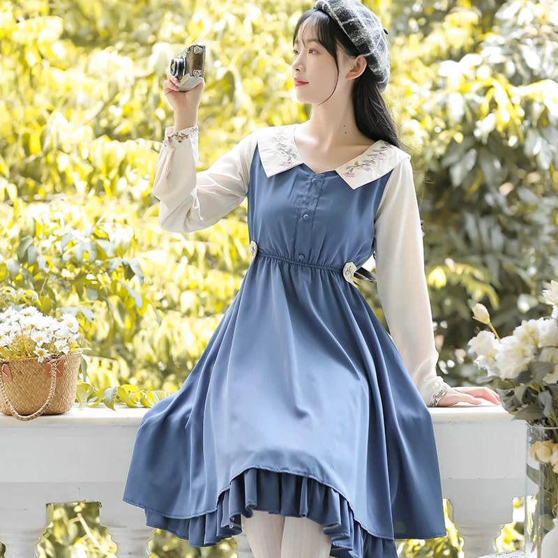 

2020 new fashion women's clothing autumn Full Mid-Calf Patchwork Vintage Peter pan Collar Dresses