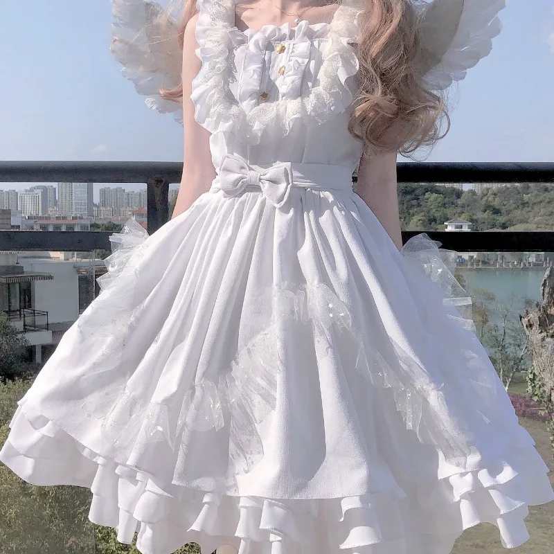 

Soft White Japanese Angel Jsk Lolita Dress Vintage Girls Kawaii Gothic Star Lace Fairy Wedding Dress