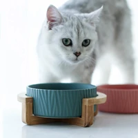ceramic cat dog bowl dish with wood stand no spill pet food water feeder cats small dogs top quality cat feeder