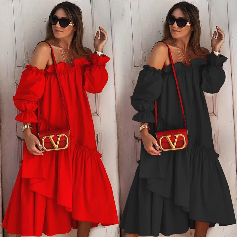 

Ruffles Slash Neck Club Dress Strapless Frill Asymmetrical Dress Irregular Hem Sukienka Women Off Shoulder Layered Dress Loose