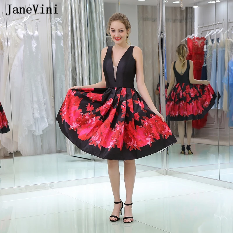 

JaneVini сексуальное черное платье с глубоким v-образным вырезом и цветочным принтом, платье для выпускного вечера, атласное платье длиной до ко...