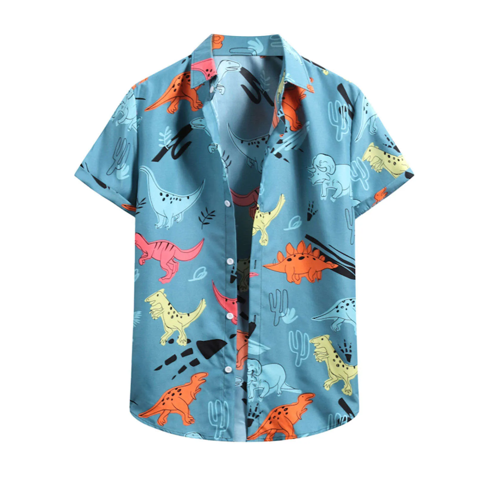 

Men Casual Shirt Printing Cartoon Dinosaur Streetwear Lapel Camisas Short Sleeve Fashion Mens Hawaiian Beach Shirt Camisa