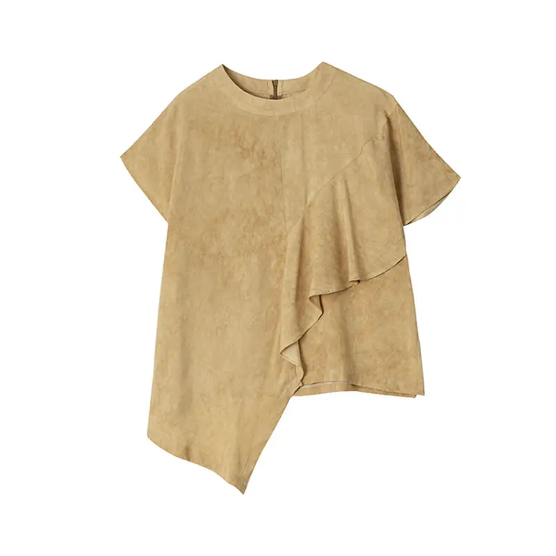 

XITAO Asymmetrical Ruffles Patchwork T-shirt Summer New Casual Loose Women Simplicity All-match Top 2021 Fashion Trendy WMD0817