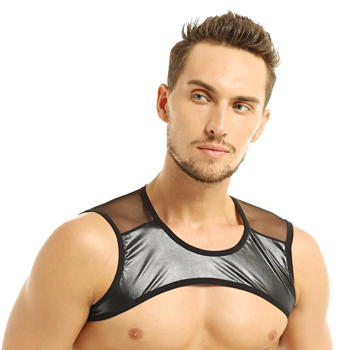 Латексная кожа жгут мужское белье лоскутное без рукавов Sheer Mesh Muscle половина майка жилет Клубная одежда сценический костюм укороченные топы