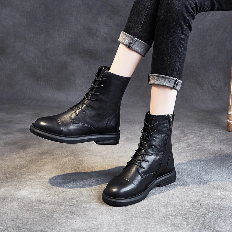 

Yiluan Ankle Boots Women Genuine Cow Leather Lace-Up Round Toe Lady Booties Autumn Winter Platform Sole Shoes Motorcycle Boots