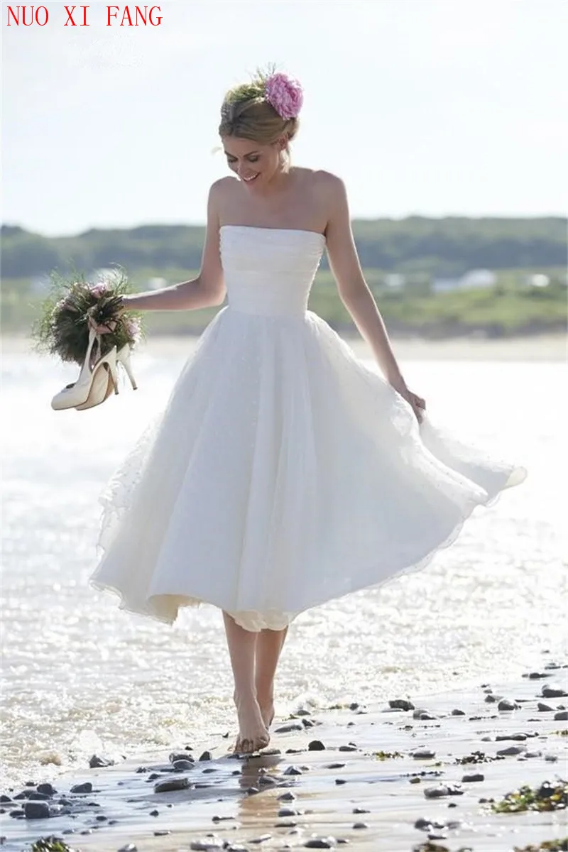 

NUOXIFANG 2020 пикантное Короткое свадебное платье без бретелек трапециевидная молния сзади до середины икры из органзы