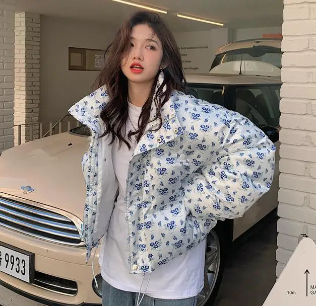 

Women's Winter Chic Blue Floral Padded Jacket For Women Streetwear Long Sleeve Loose Quilted Jacket Lady Cute Padded Outwear