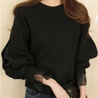 spring and autumn new japanese and korean style perspective mesh stitching raglan sleeves solid color loose round neck top