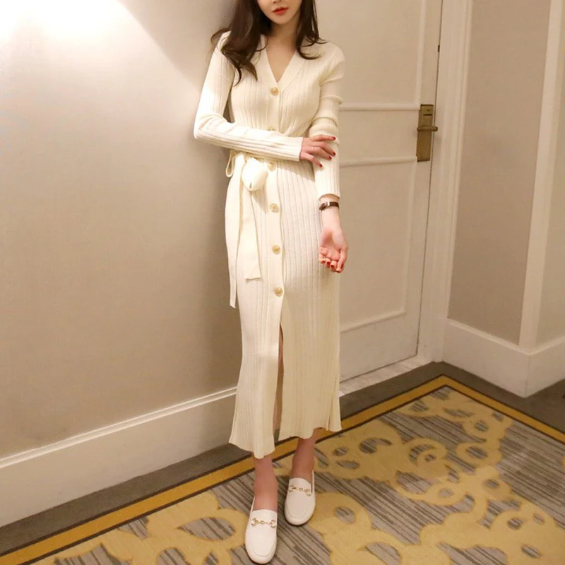 Женское трикотажное платье свитер с поясом и V образным вырезом|Женские платья| |