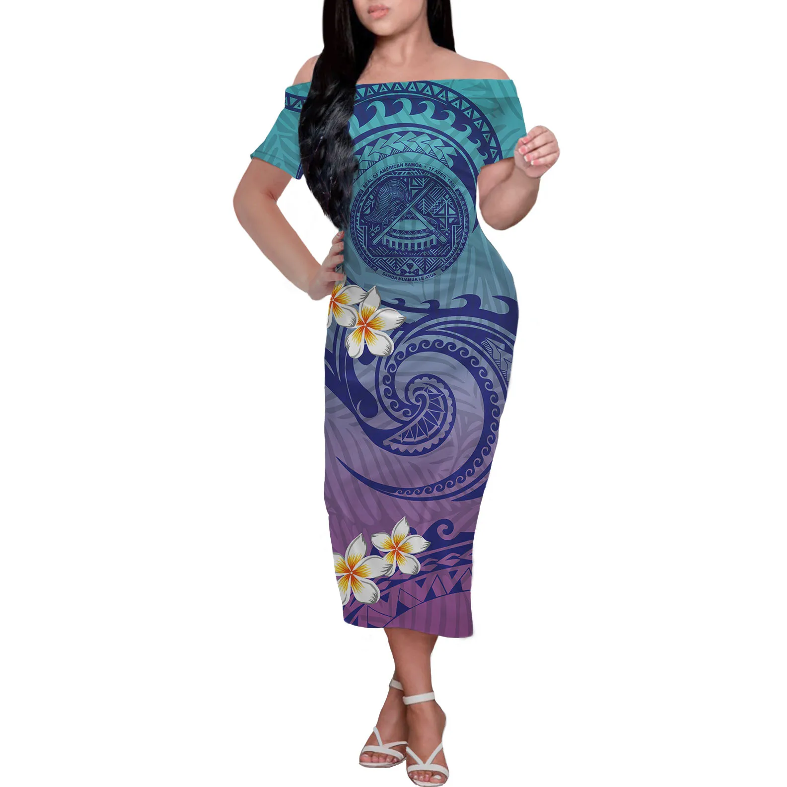 

HYCOOL Wholesale Custom Logo Polynesian Blue Dress Women Tattoo Print Tribal Samoan Dress Off The Shoulder Bodycon Casual Dress