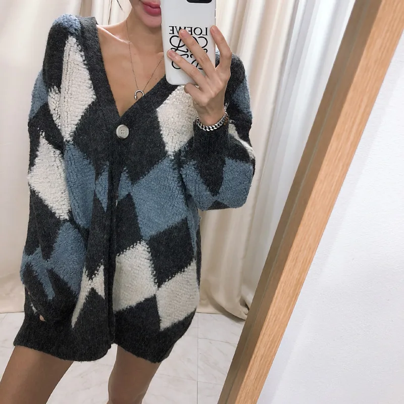 Женские осень зима связанное с узором &quotромбиками&quot сексуальная v вырезом и