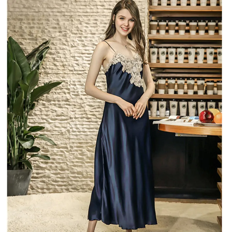 

Lace Nightgowns V-neck Sleepdress Ankle-high Nightwear Women Spaghetti Strap Nightdress Long Sleepwears For Female
