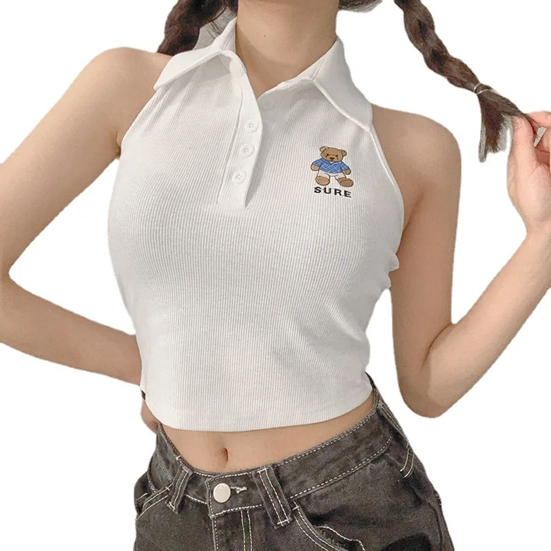 

Street Wear Fashion Little Bear Embroidery Y2k Halter Knitted Vest for Women Sexy Backless Slim Outfits Female Tank Tops Summer