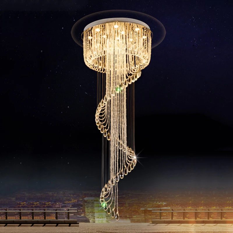 値段 現代ダブルスパイラル階段光沢K9 Ledクリスタルシャンデリアロフトレストランホテルホールロング照明ライト