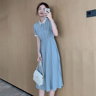 

2020 Summer Women's Short Sleeve Lapel Button Solid Color Waist Closing Fashion Slim Shirt French Lady Mid Length Dress