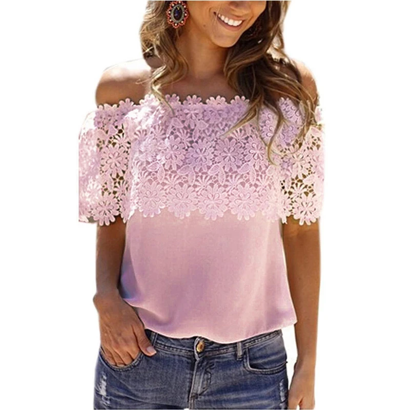 Новые европейские женские шифоновые рубашки с вырезом лодочкой кружевная