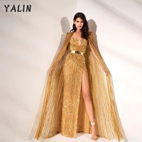 yalin sparkly gold mermaid evening dresses with wrap luxury side split sequin prom dress formal party pageant gown vestidos