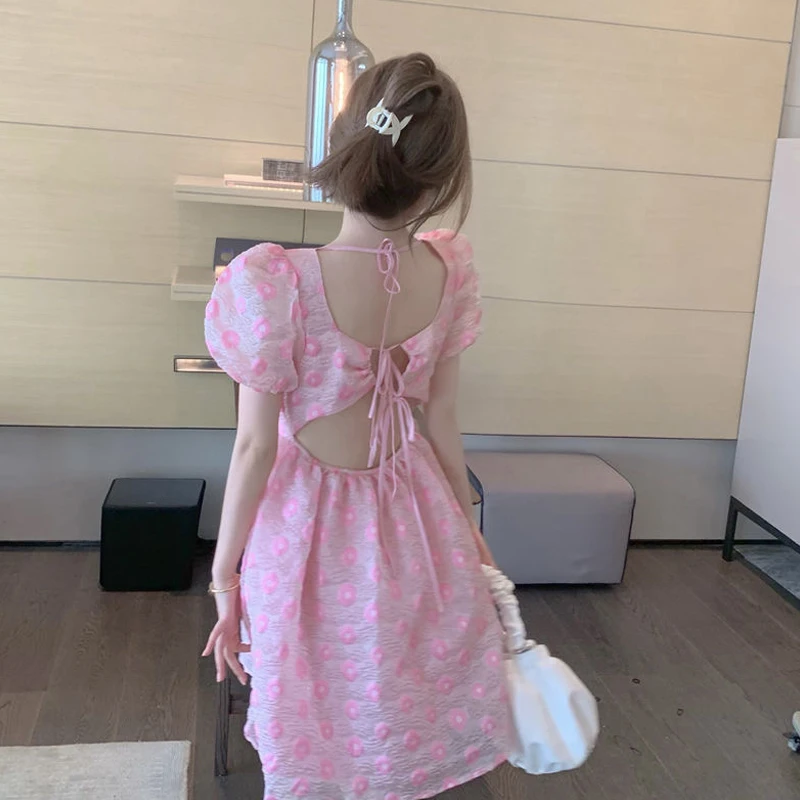

OLOMLB Dresses For Women 2021 Summer New Korean Pink Dress Sweet Daisy Beach Wear Sexy Casual Backless Short Sleeve Dresses