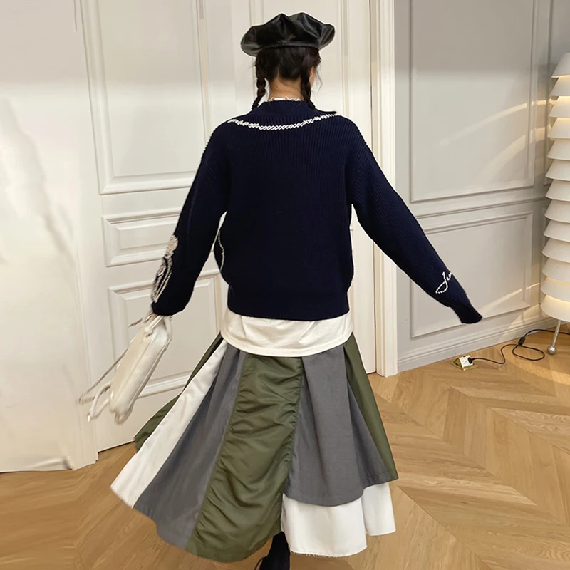 

VGH Patchwork Hit Color Skirt For Women High Waist Asymmetrical Midi Casual Skirts Female 2021 Fashion New Clothing Spring Tide