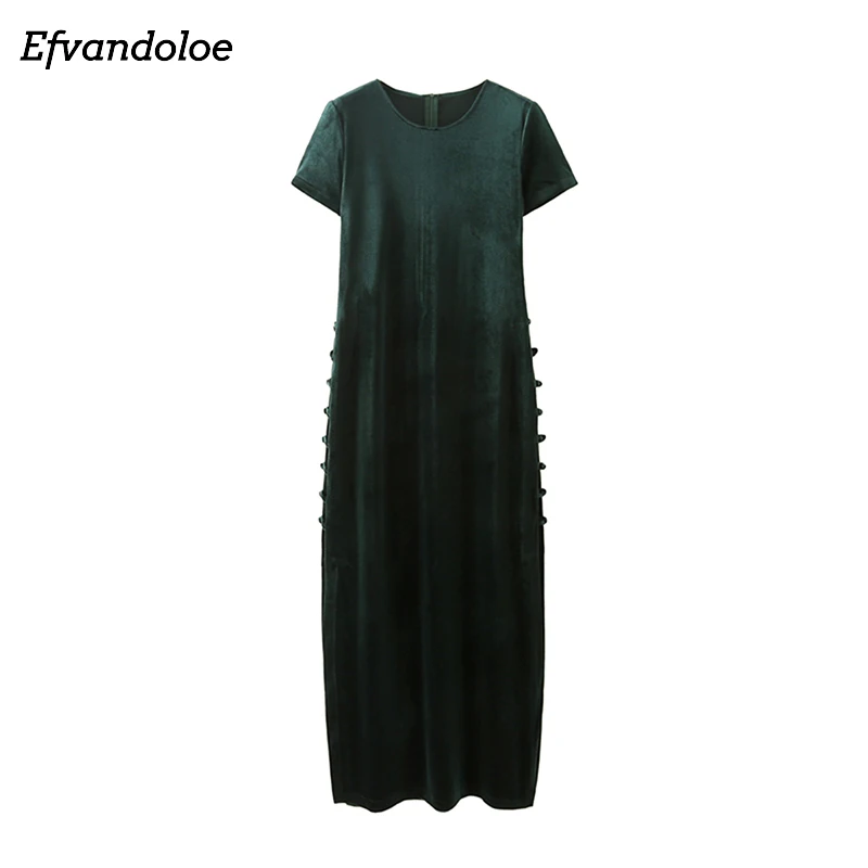 

Женское длинное бархатное платье, зеленое Макси-платье с коротким рукавом, круглым вырезом, боковыми разрезами и пуговицами, 2021