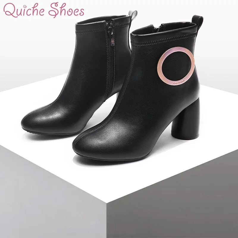

New Women Boots Ankle PU Leather Zipper Booties High Heels Autumn Shoes Black Winter Boots Zapatos De Mujer Pointed Toe