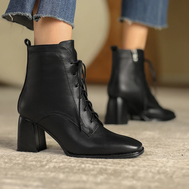 Jual Ukuran 34-39 Fashion Wanita Semata Kaki Kualitas Tinggi Kulit Asli Buatan Tangan Musim Gugur Musim Dingin Boots Cross-Tied Sepatu Hak Tinggi Sepatu Bot