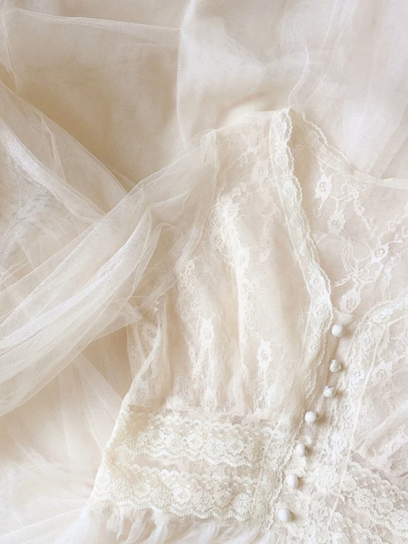 

Dress Women 2021 Spring Plus Size Dress Elegant A-Line Vestidos Solid Puff Sleeve Empire V-Neck Ladies Lace Dress Mesh vesitdos