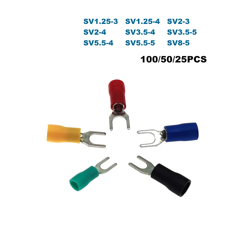 

100/50/25Pcs Spade Insulated Furcate Crimp Terminals SV1.25~SV8 Wire Cable Connector Lug Ferrules 0.5-10mm2 22-8AWG