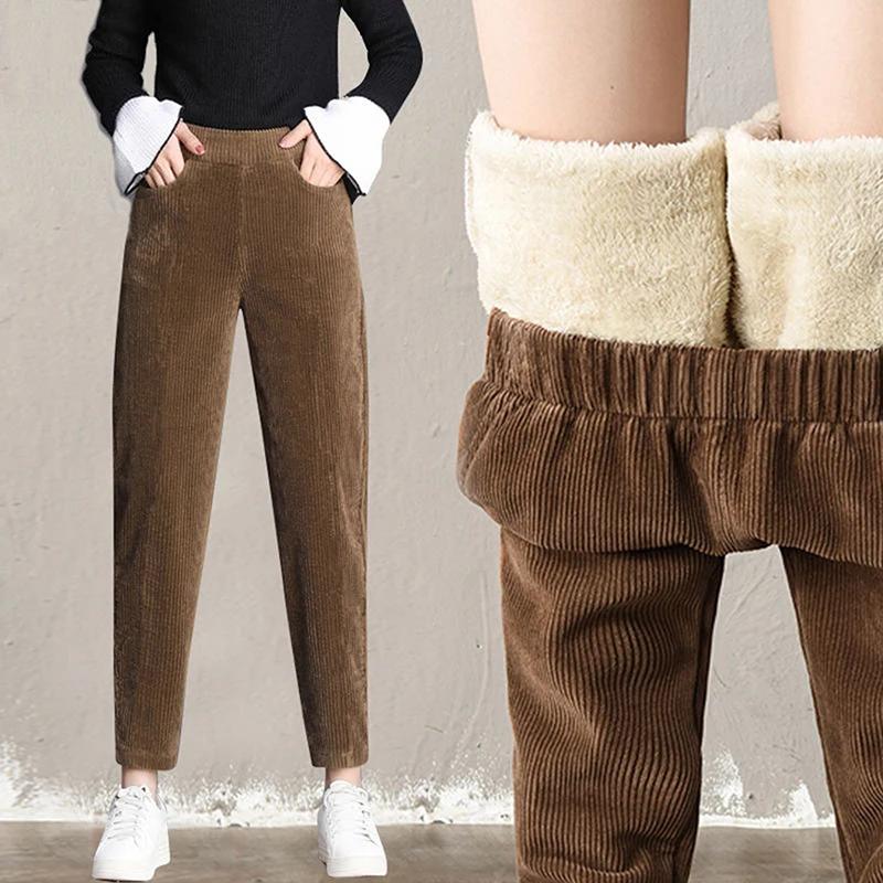 

Женские вельветовые брюки, плотные теплые длинные брюки с высокой талией, повседневные свободные шаровары с плюшевой подкладкой, Осень-зим...