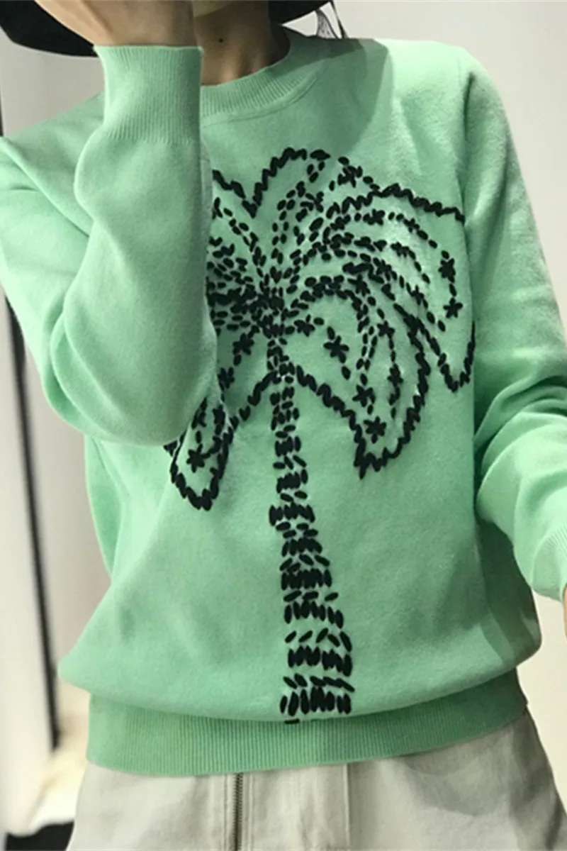 

2019 Limited New Winter Hit Color Heavy Embroidered For Coconut Tree Pattern Round Neck Long-sleeved Knit Sweater Women Tide