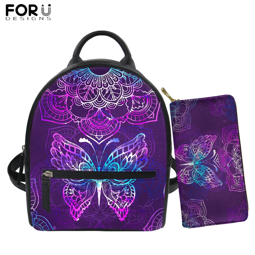 

Женские маленькие рюкзаки из ПУ кожи FORUDESIGNS, богемная мандала, Бабочка, принт, 2 шт./компл., портмоне, женская сумка, сумки на плечо