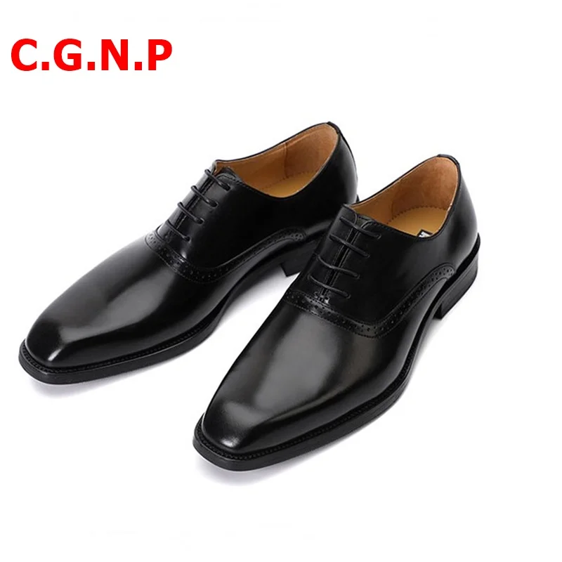 C.G.N.P Luxury Blue Men Leather Shoes Business Dress Shoes Men Genuine Leather Oxford Shoes Formal Shoes Office Wedding Shoes