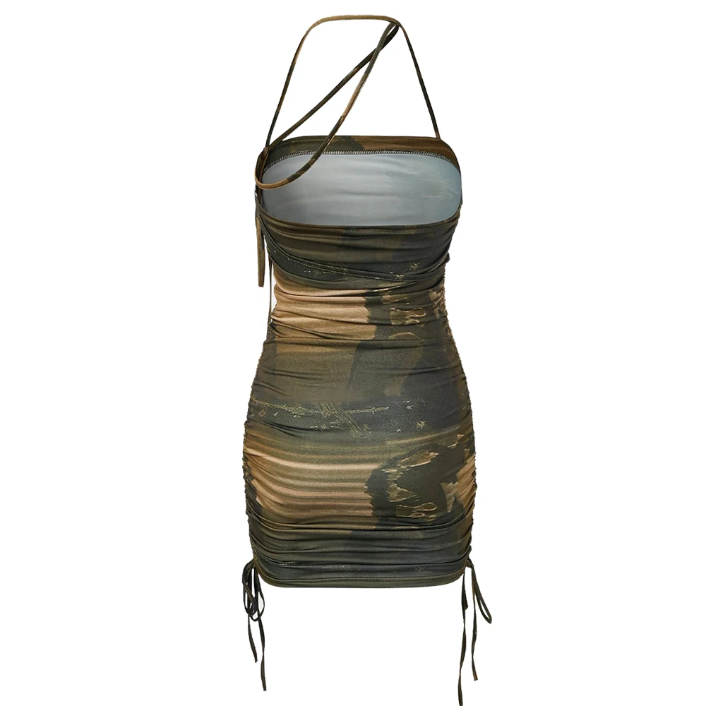 Женское облегающее мини-платье болотного цвета с открытыми плечами | Женская