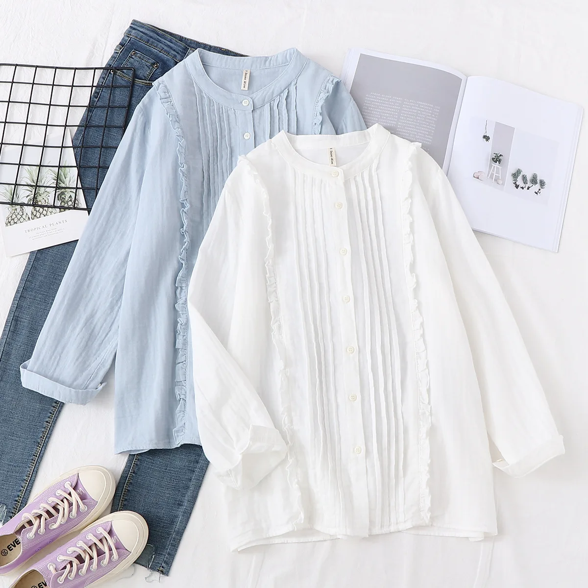 

Young Mori Girl Style Shirts Womens 2020 Spring Solid Color Stand Long Sleeve Ruched Ruffles Loose Oversized Tops Cotton Blouse