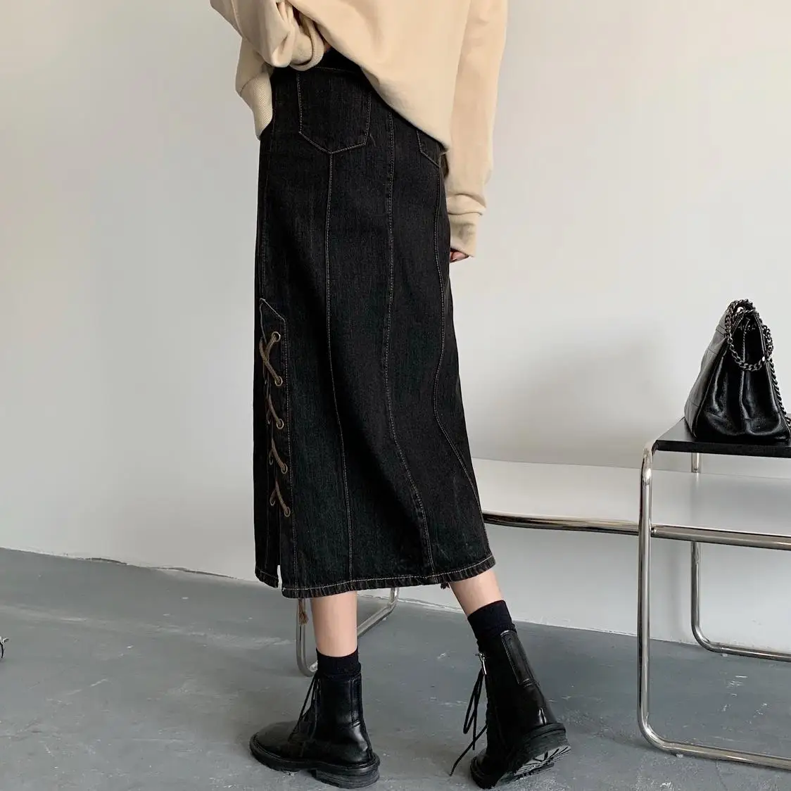 

2021 Chic Spring Summer Harajuku Lace-Up Draw String Button Fly High Waist Long Denim Jeans Skirts Preppy Style Girls Bottom