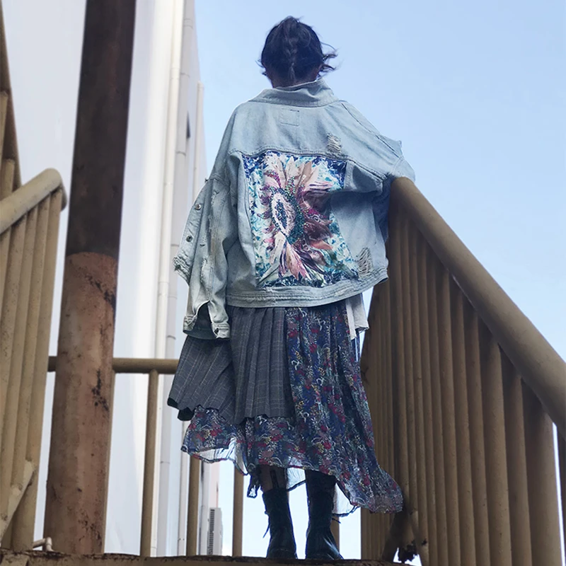2021 Boho Женская джинсовая куртка для девочек повседневная одежда с длинным рукавом