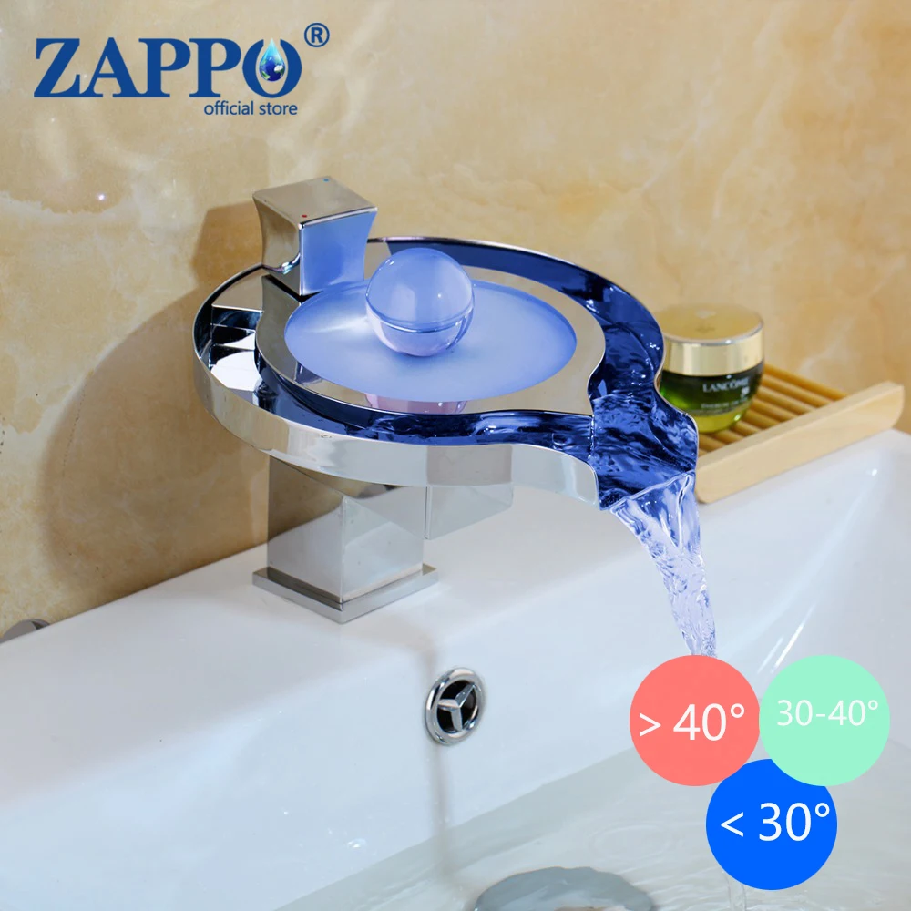 

ZAPPO LED RGB Colors Basin Sink Faucet Waterfall Brass Bathroom Vessel Sink Mixer Tap Chrome Finish Hot Cold Water Faucets
