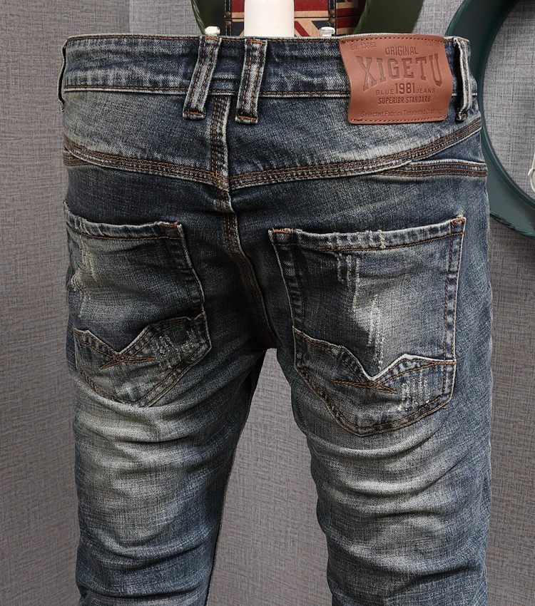 European American Vintage Fashion Men Jeans Retro Blue Elastic Cotton Slim Fit Ripped Jeans Men Distressed Designer Denim Pants