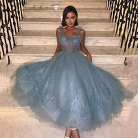 thinyfull chic blue prom dress tea length lace tulle evening dress sexy corset top tulle skirt party gowns 2020