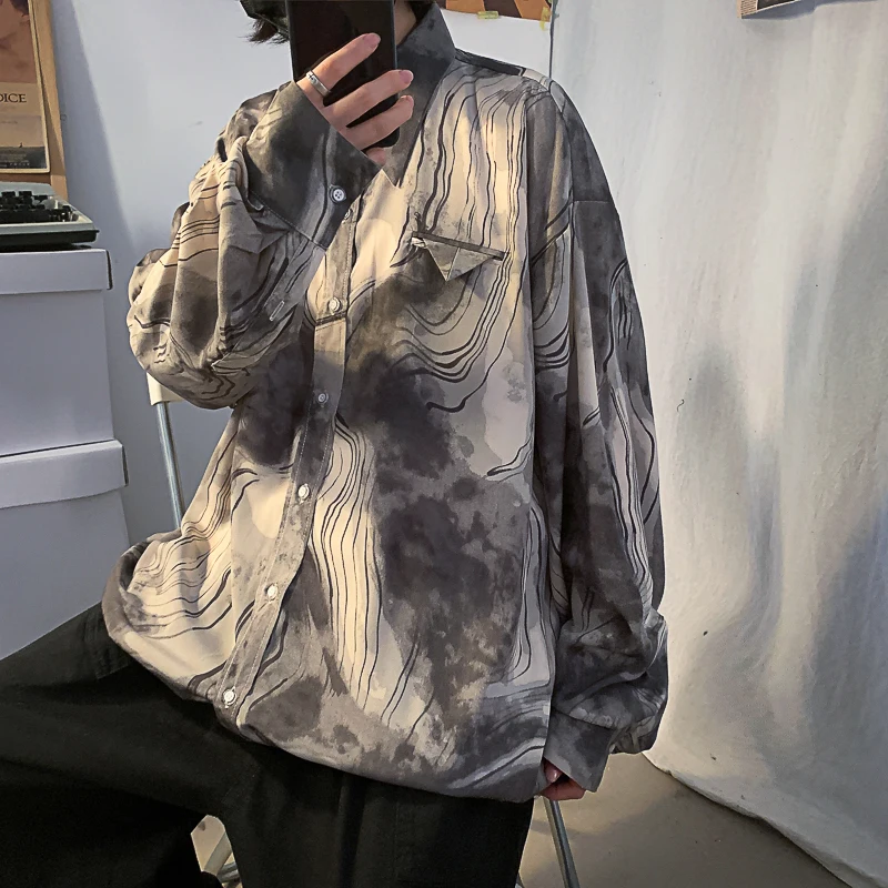

Men Shirts Long Sleeve Tie Dye Fashion Vintage Safari Style Tops Students High Street All-match Spring Autumn Clothing Loose Ins