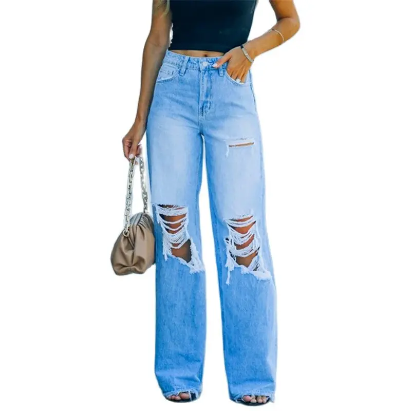 

Vintage Blue Ripped Jeans Women High Waist Straight Streetwear Hole Denim Trousers Solid Loose Casual Denim Pants
