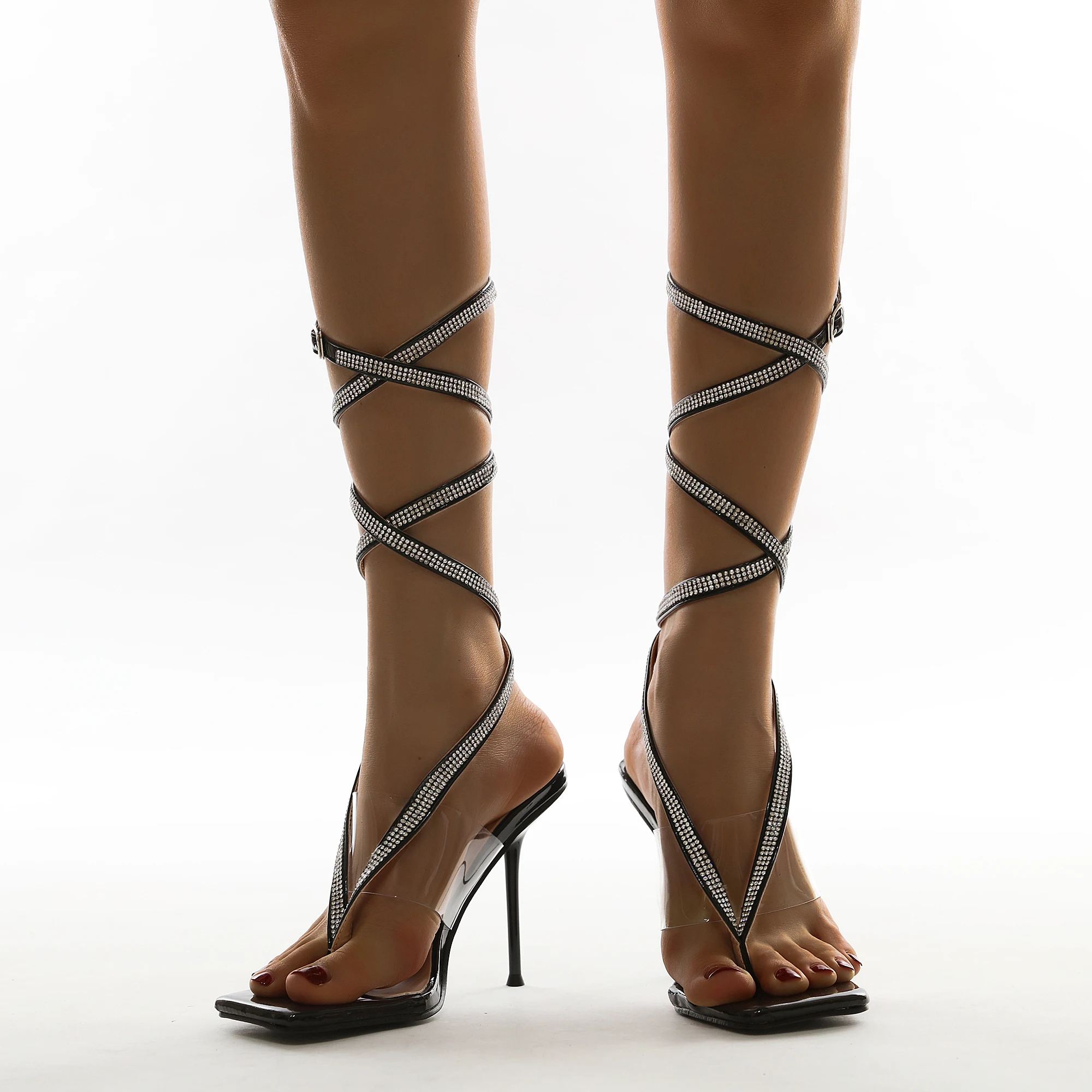 Harga 2021 Baru Seksi PU Ikatan Silang Transparan Peep Toe Hak Tinggi Musim Panas Mode Pesta Wanita Kristal Sepatu Tali Slip Tipis Stiletto