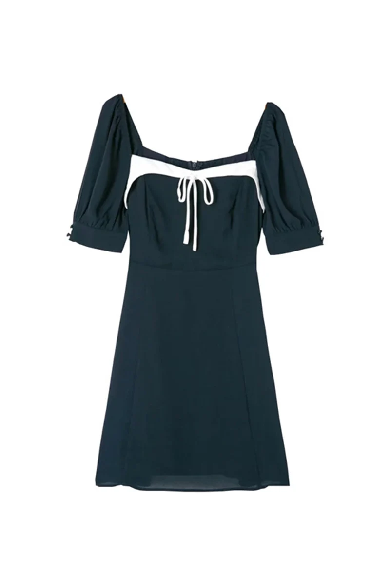 

Temperament Gentle Wind Color Matching Lace Up Bubble Sleeve Dress 2021 New French Short Skirt with Square Neck and Waist