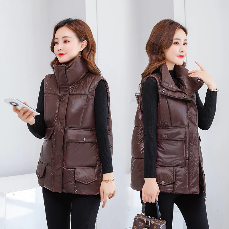 

New Bright Women Cotton Vest Jacket Casual Waterproof Female Puffer Waistcoat Winter Ladies Zipper Short Cotton Padded Vest