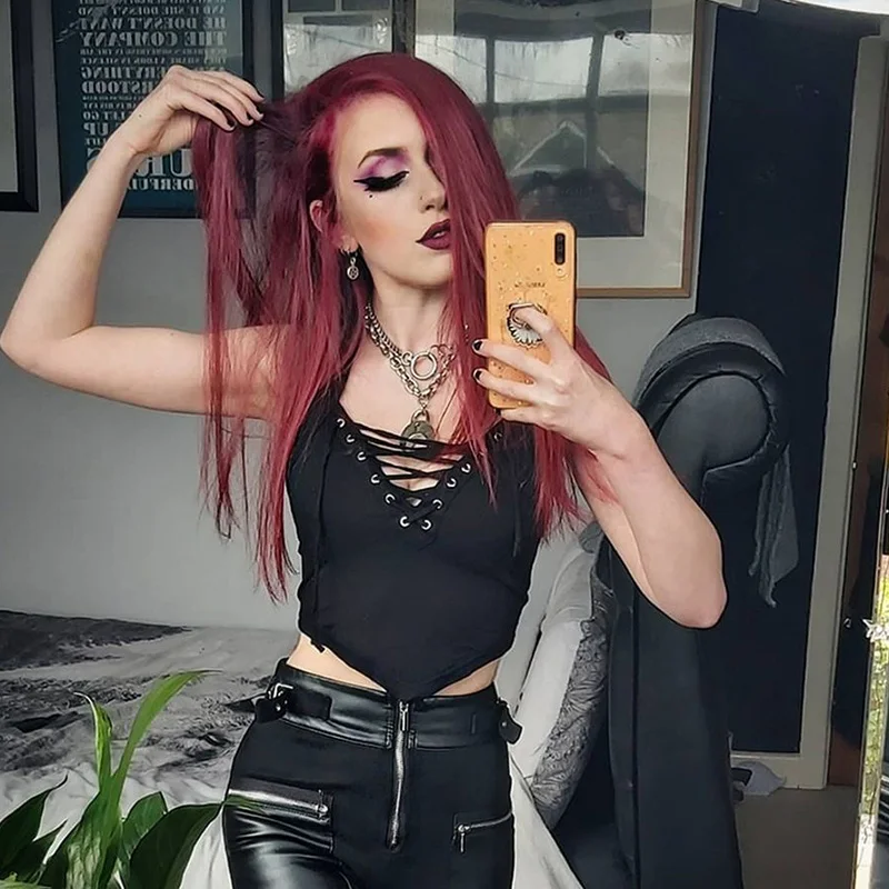 

Gothic Black Tanks Tops For Womens 2021 Summer Camis Ladies Bandage Backless Halter Sexy Sleeveless Camisole Tank Top Female