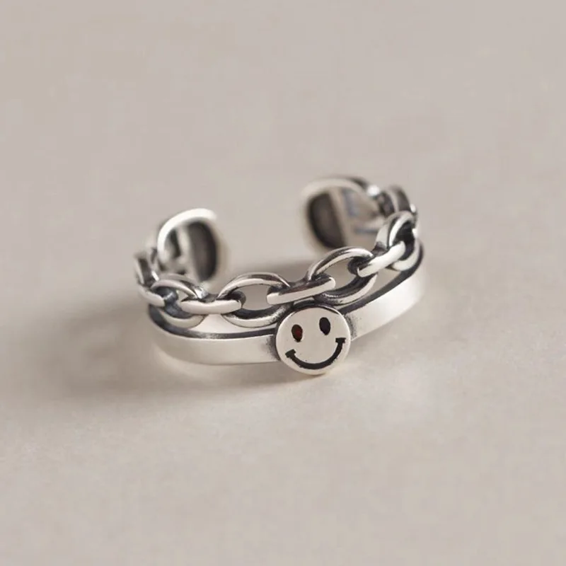 

Vintage Double Layer Chain Smiley Opening Resizable Finger Ring Lady Cocktail Bohemia Nation Style Simple Ring Female Gift